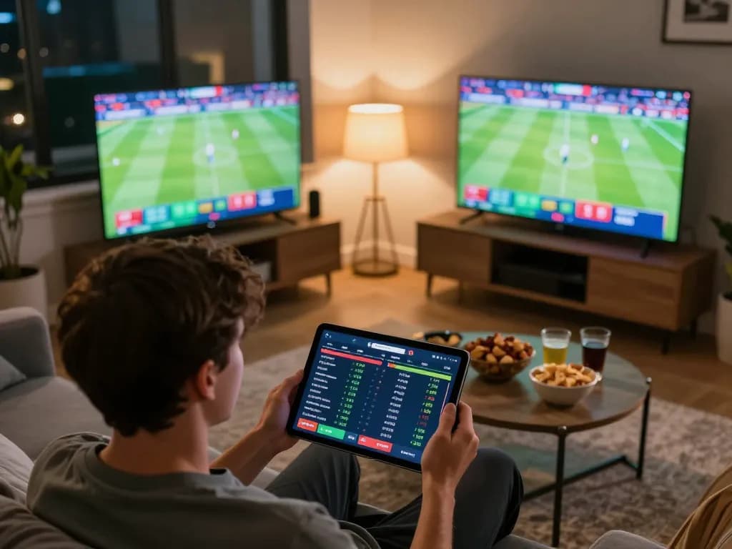 Engaging in live betting on uk88 com from a modern living room with gaming interface visible