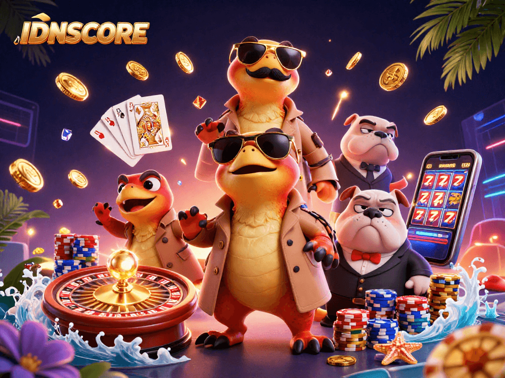 IDNSCORE raptors in a trench coat humorously attempting casino entry, surrounded by dynamic gambling elements.