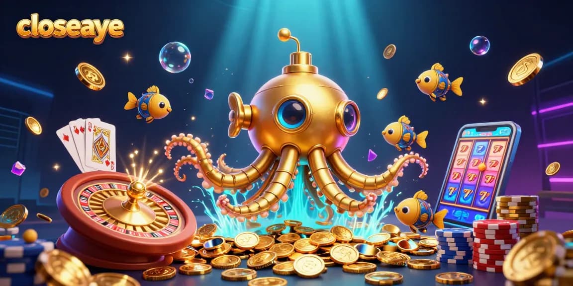 Experience thrilling wins with closeaye as a golden kraken submarine emerges from coins in a vibrant casino world.