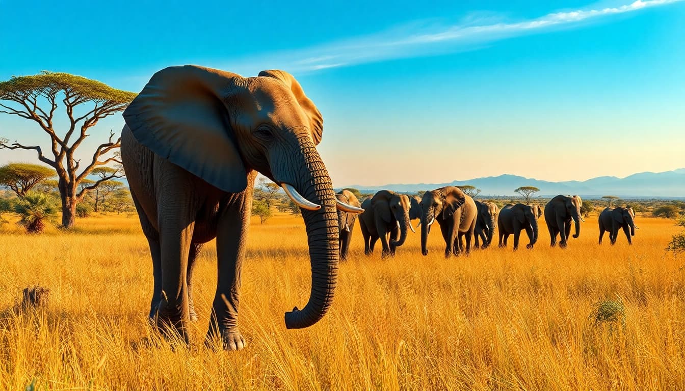 Witness a breathtaking Tanzania Safari with a herd of elephants in a serene savanna.