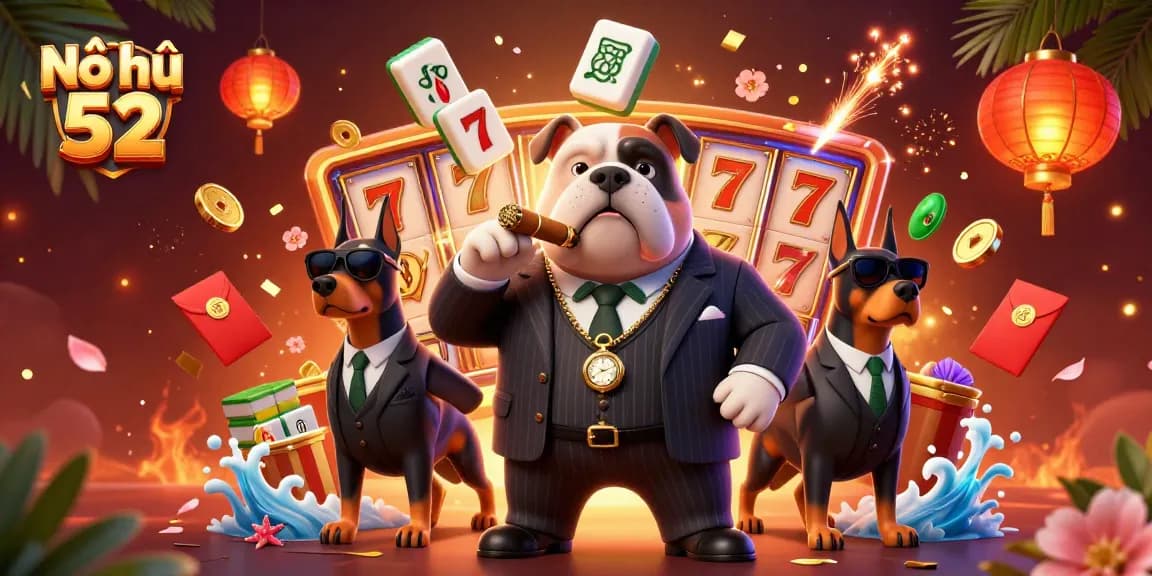 Nổ hũ 52 casino illustration showcases a mafia bulldog and two Doberman bodyguards in a vibrant game environment.
