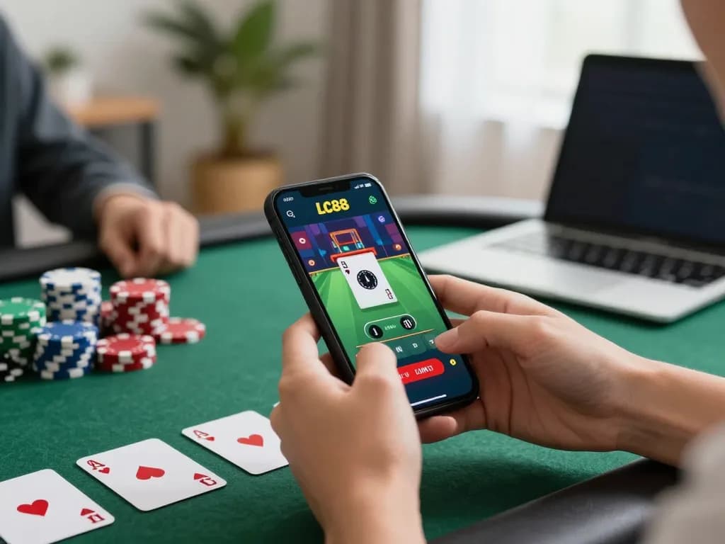 Engaging hands playing poker on the LC88 app, showcasing modern online casino gameplay.