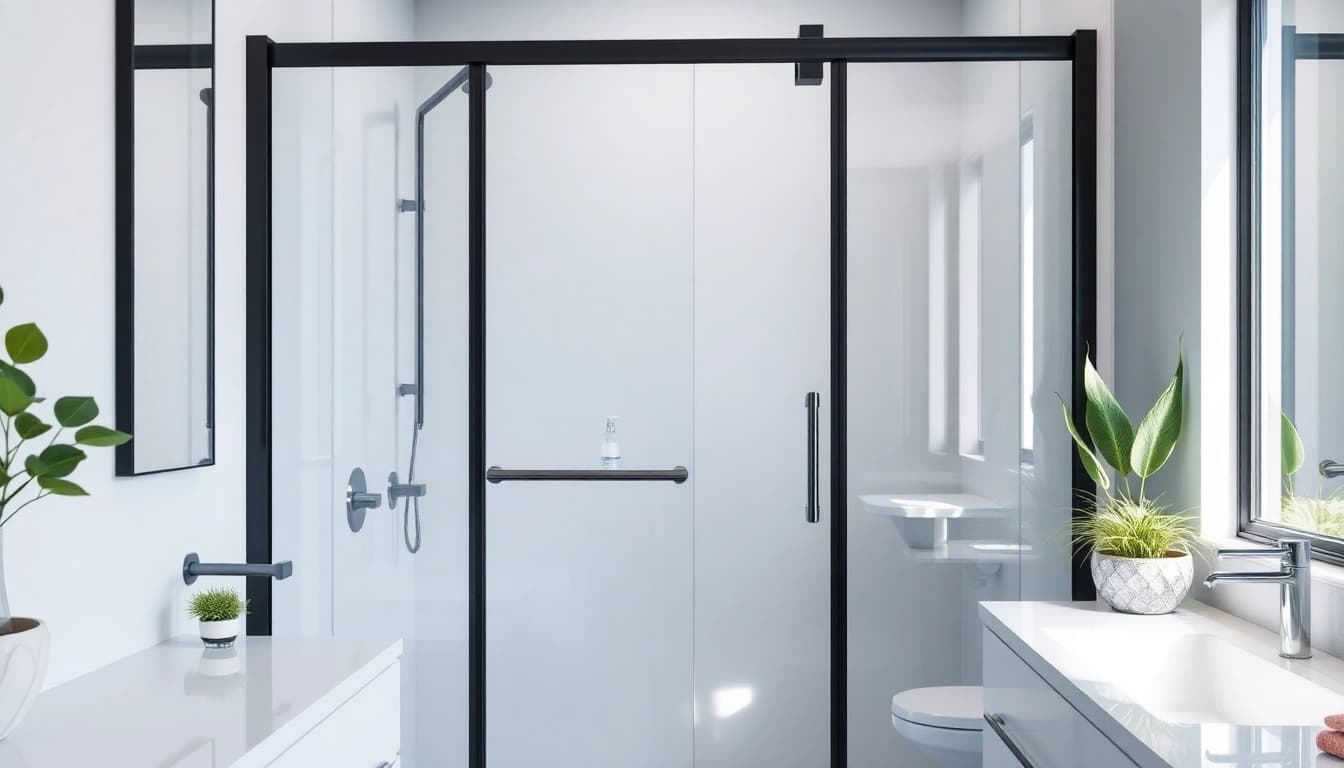Visualize black frame shower doors showcasing sleek glass and metallic finishes in a modern bathroom.