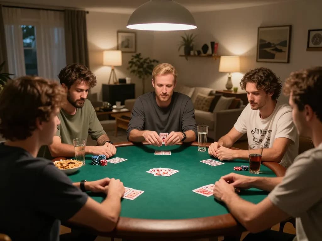 Players enjoying a friendly poker night at home with kp88.com-themed poker chips and cards visible.