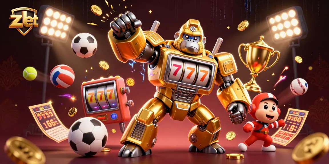 Zbet gaming action showcases a golden gorilla mech and dynamic sports elements amidst explosive visual energy.