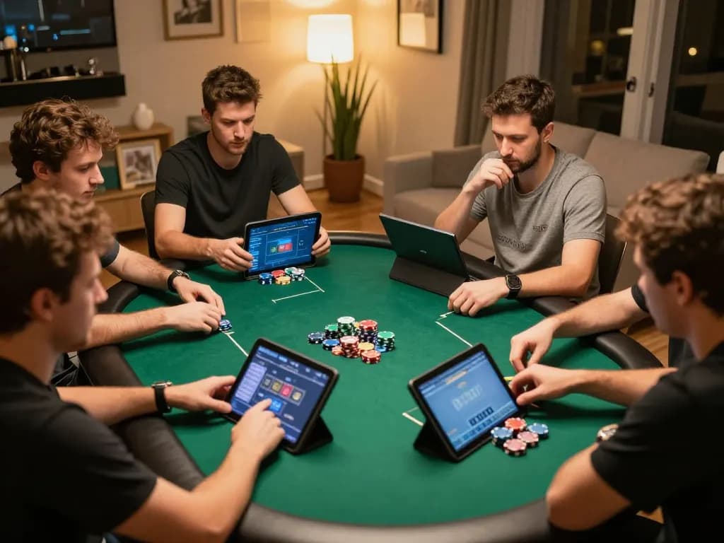 33winn players strategizing during an online poker session with colorful chips at a stylish home setup
