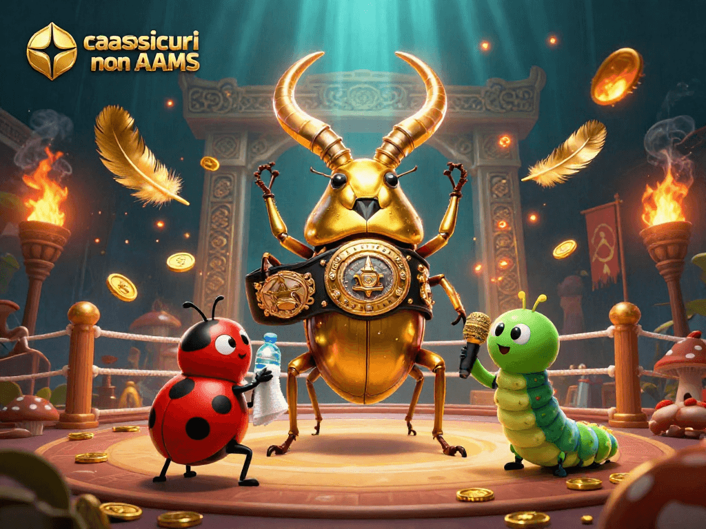 Scopri i migliori casino sicuri non AAMS con protagonisti un scarabeo dorato in un'arena di gioco vibrante.