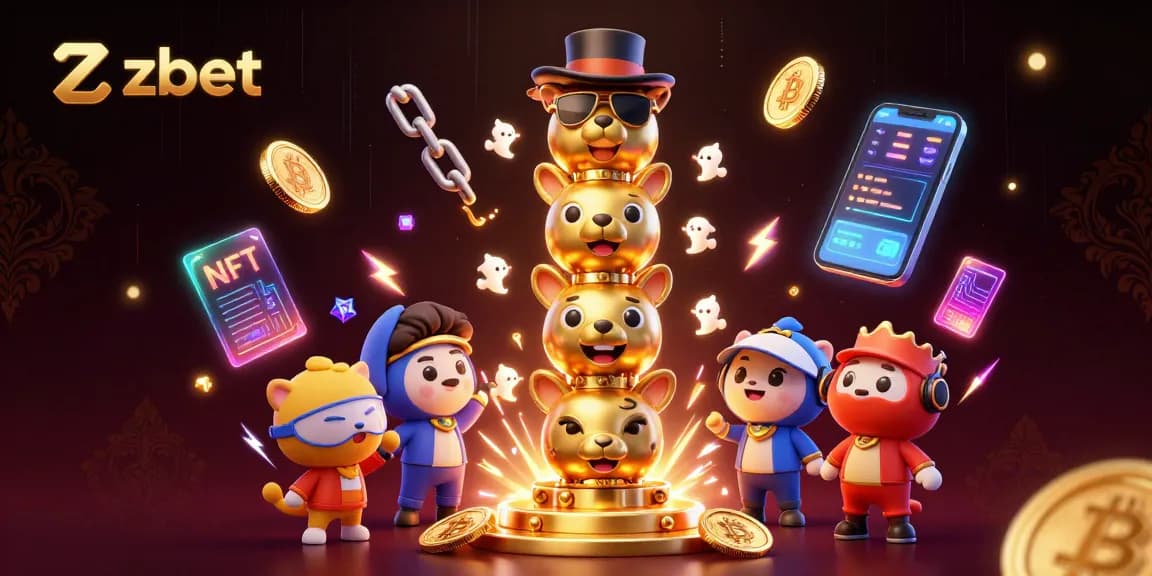 Engage with zbet's vibrant 3D cartoon casino scene featuring a golden totem pole and cryptocurrency elements.