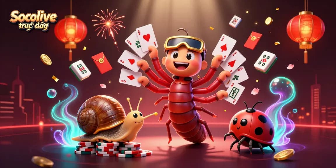 Experience Socolive trực tiếp with a cartoon millipede dealer showcasing cards and a high-roller snail amid vibrant gambling elements.