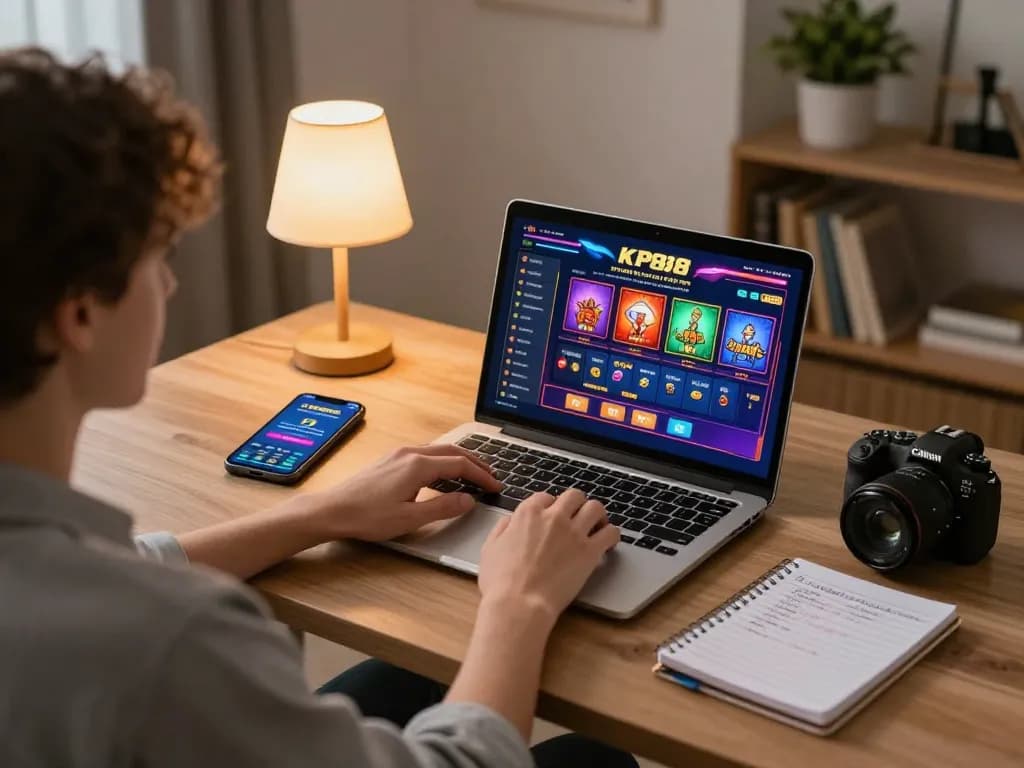 Engaging in online gambling at kp88220 with a laptop and smartphone, showcasing vibrant game graphics