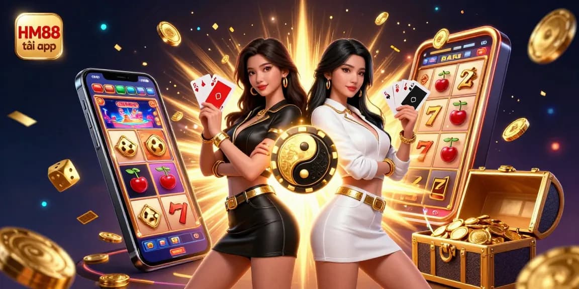 Engage with the thrilling HM88 tải app, featuring stunning twin Asian women with playing cards amid vibrant casino elements.