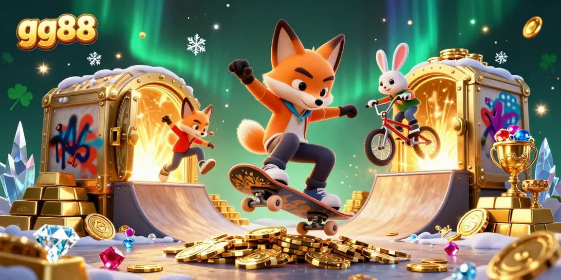 Experience thrilling gameplay with gg88 as a cartoon fox skateboards over golden poker chips in a rich, vibrant lottery scene.