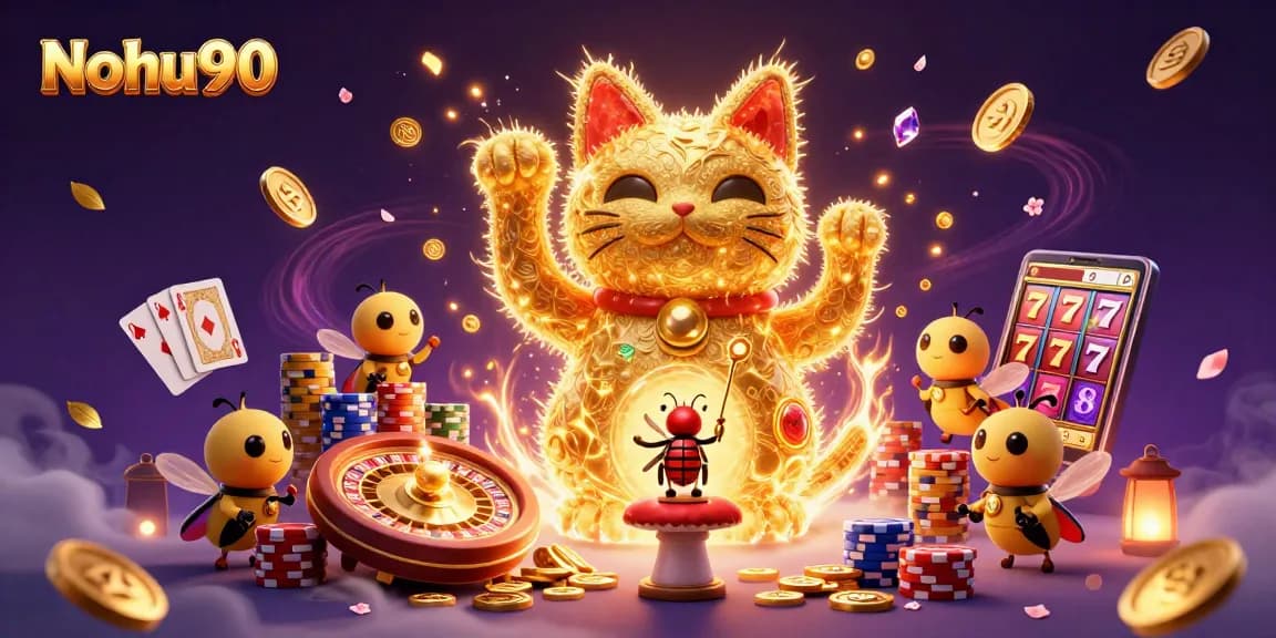 Nohu90 engages players with a vibrant 3D lucky cat showcasing casino elements amidst cascading coins and gems.