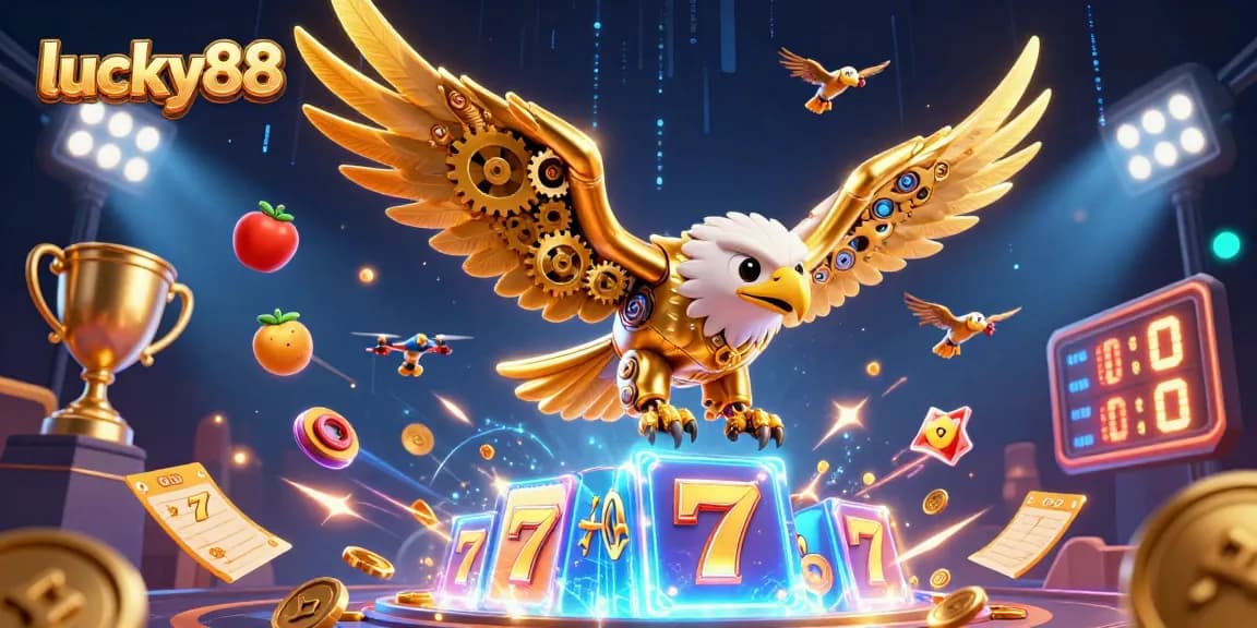 Experience the excitement of lucky88 with a dynamic 3D illustration of golden eagle and slot reels.