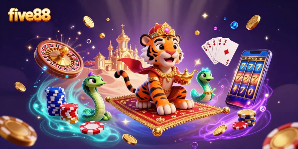 Experience thrilling wins with five88 in this vibrant, fantastical casino scene.