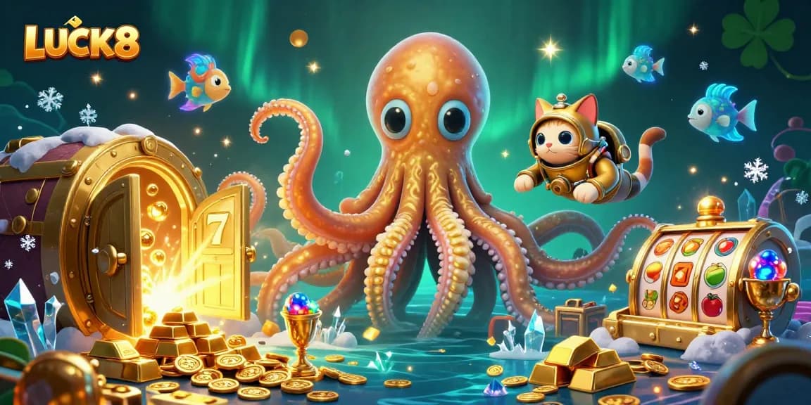 Play the LUCK8 casino app with a vibrant underwater theme featuring a kraken and a vintage diving cat.