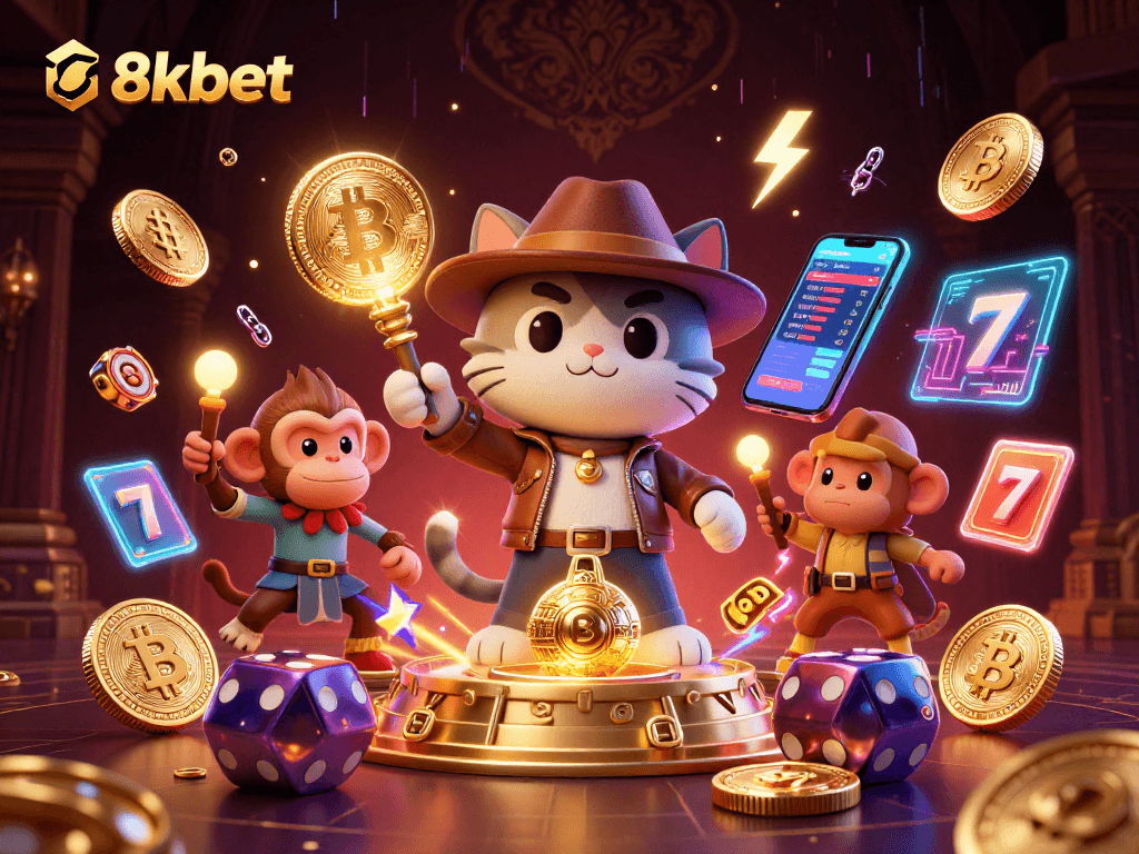 Experience thrilling gaming with 8xbet in an ultra-detailed 3D casino exploration scene.