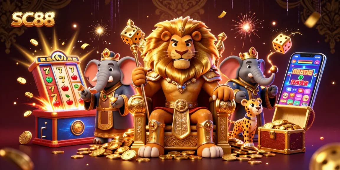 Engage in thrilling slots and jackpots at SC88 with vibrant characters and casino elements.