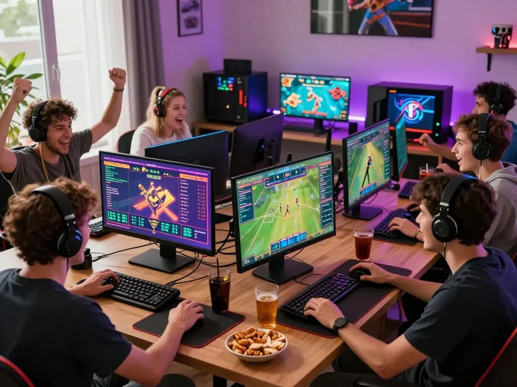 Goal123 online gaming scene with players engaged in sports betting and casino games in a vibrant atmosphere.