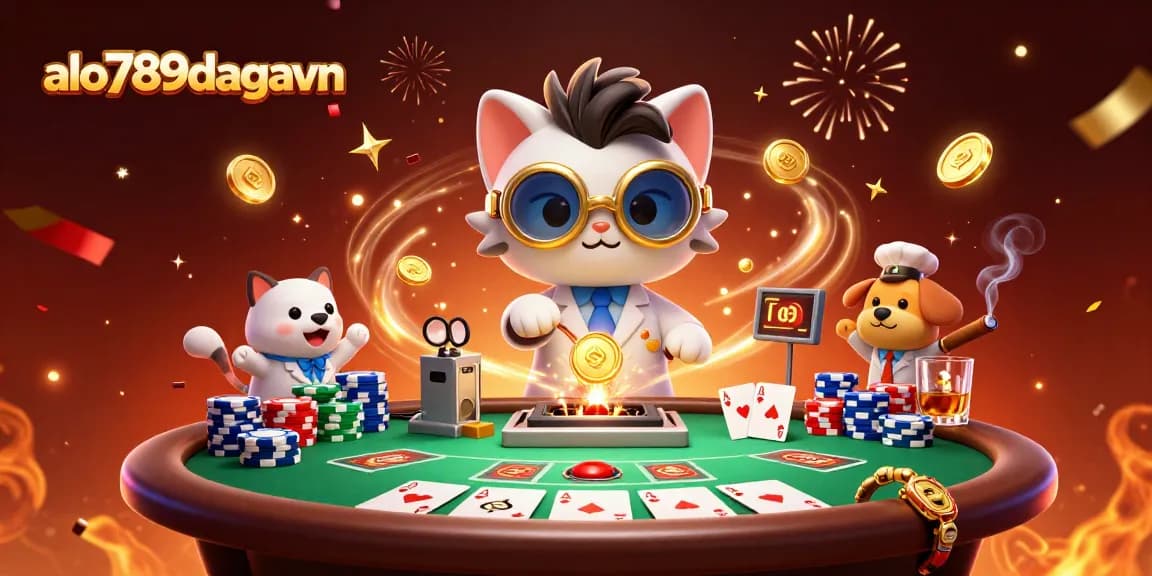 Engage with the vibrant world of alo789dagavn where cartoon characters create winning poker strategies amidst floating gold coins.