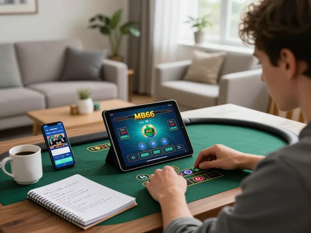 Engaging in live dealer games on MB66 tablet at home, focusing on strategy and responsible gaming.