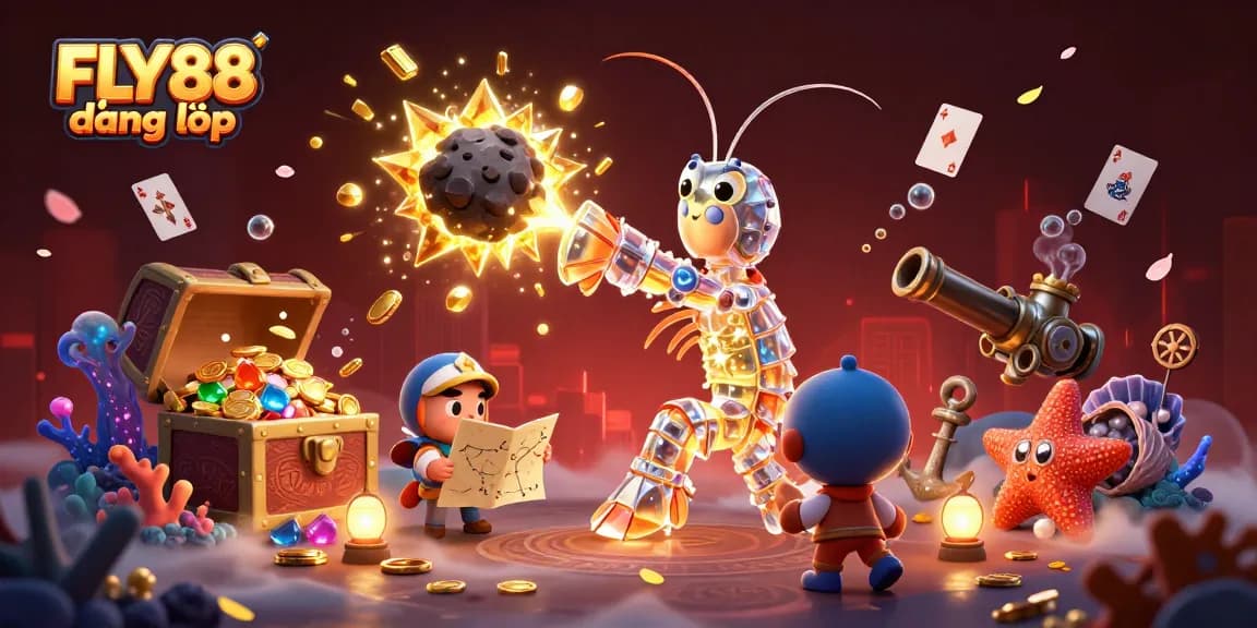 Engage with FLY88 đăng nhập as a galactic samurai mantis shrimp bursts through an asteroid showering gold gems.