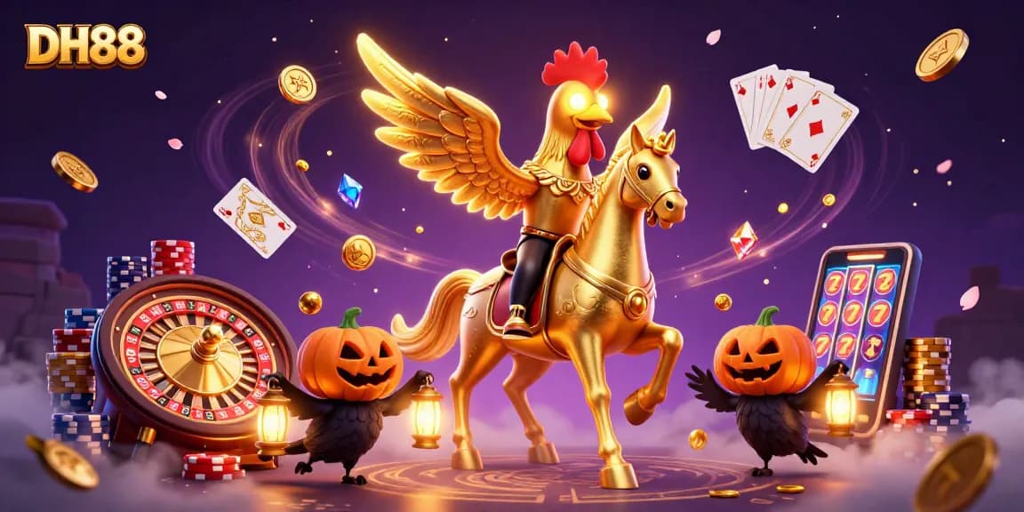 Experience the excitement at DH88 with dynamic casino action featuring a golden rooster and mythical elements.