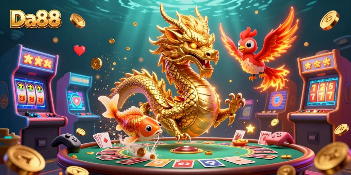 Win big at Da88 with a fierce dragon, phoenix, and koi fish amid a lively casino scene.