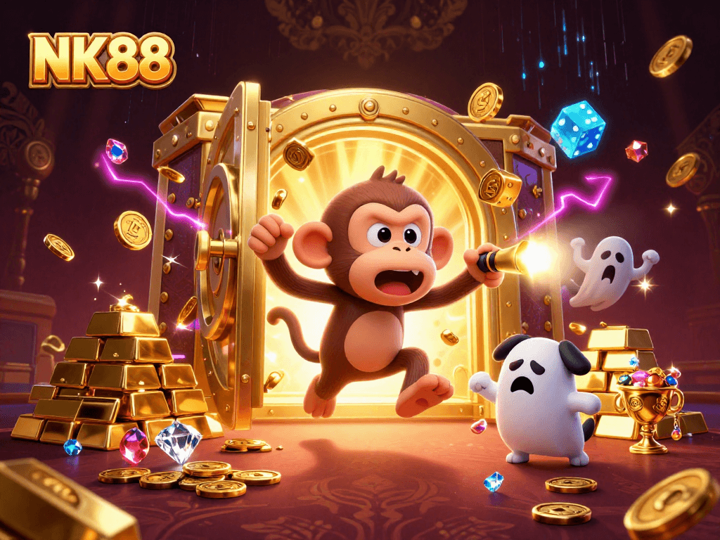 Experience magical winnings at NK88 casino with adventurous characters in a vibrant scene.