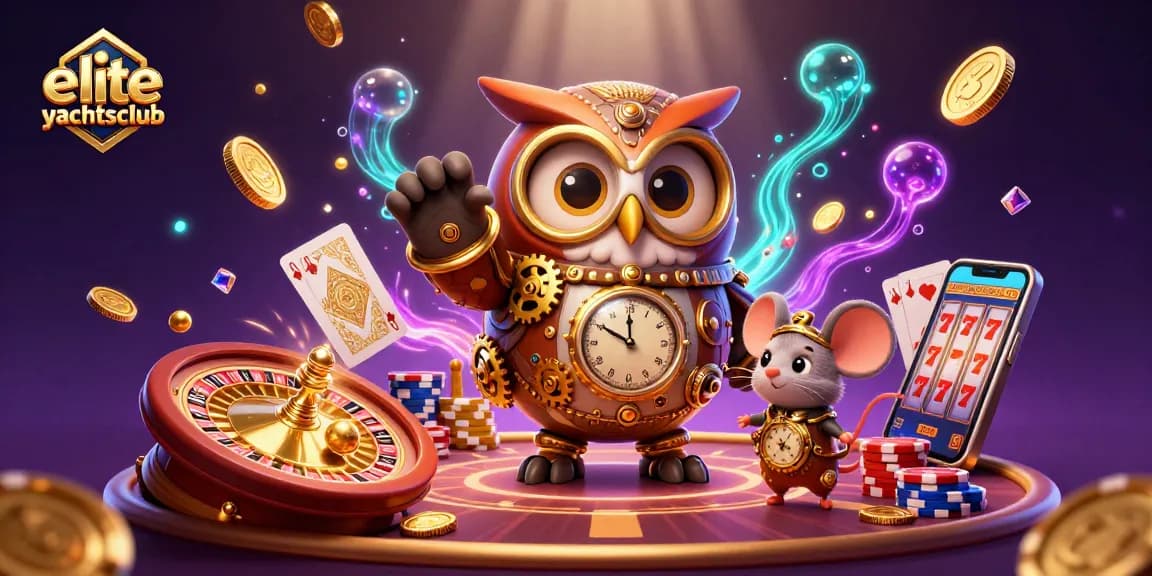 Experience eliteyachtsclub gaming with our unique time-traveler owl in a dynamic casino scene.