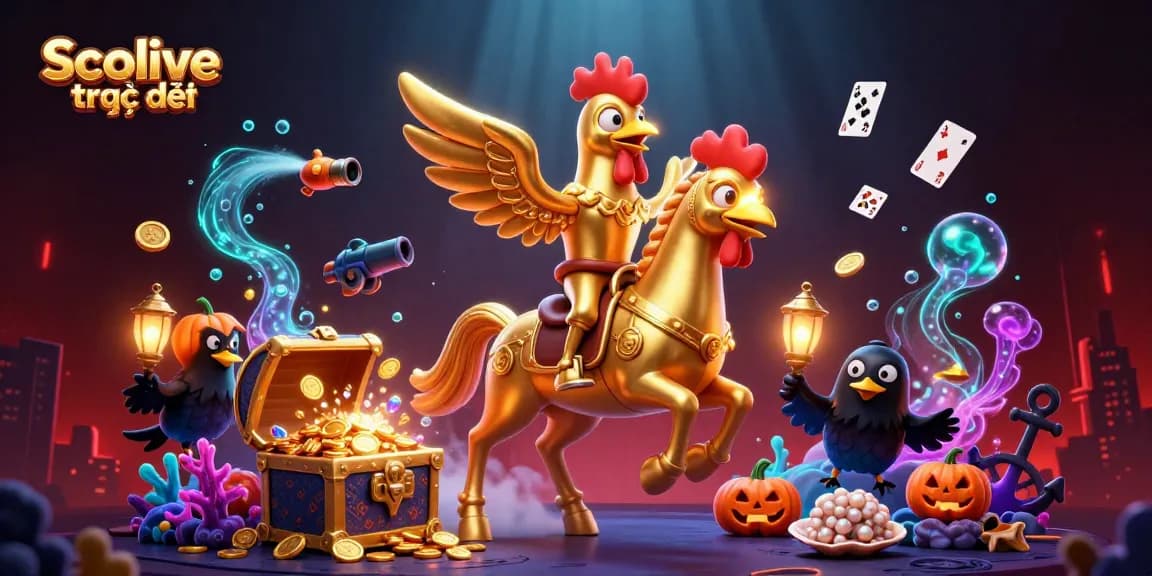 Socolive trực tiếp elevates your betting experience with vibrant 3D casino artwork featuring golden rooster characters and game-related elements.