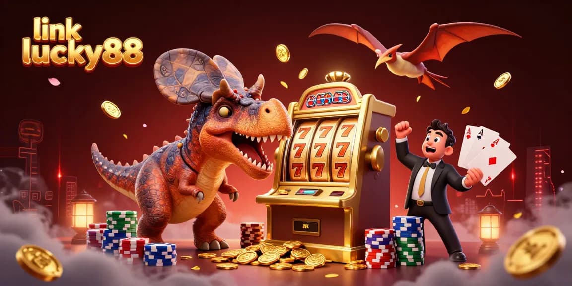 Engage in thrilling gaming moments with link lucky88 as a cartoon dinosaur triggers jackpot coins from a golden slot machine.