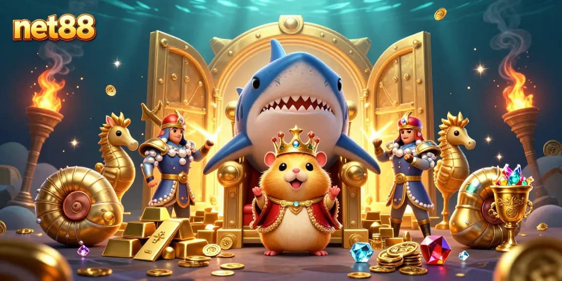 Experience the adventure with net88 as the golden hamster king rules his treasure underwater kingdom.