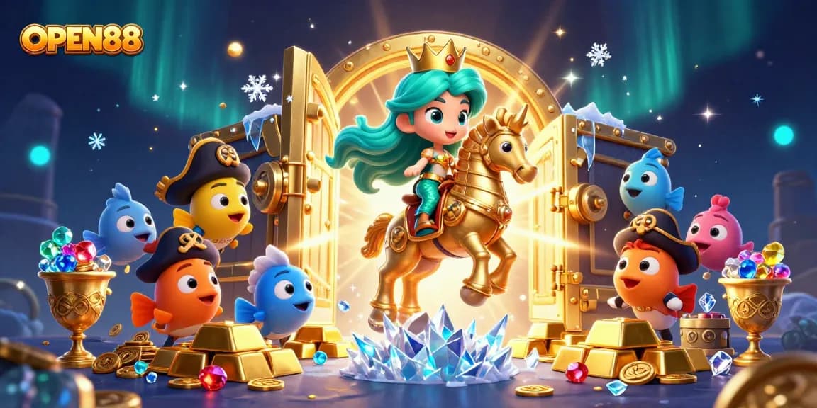 Join the thrilling adventure at OPEN88 with a magical scene of a mermaid riding a seahorse surrounded by treasures.