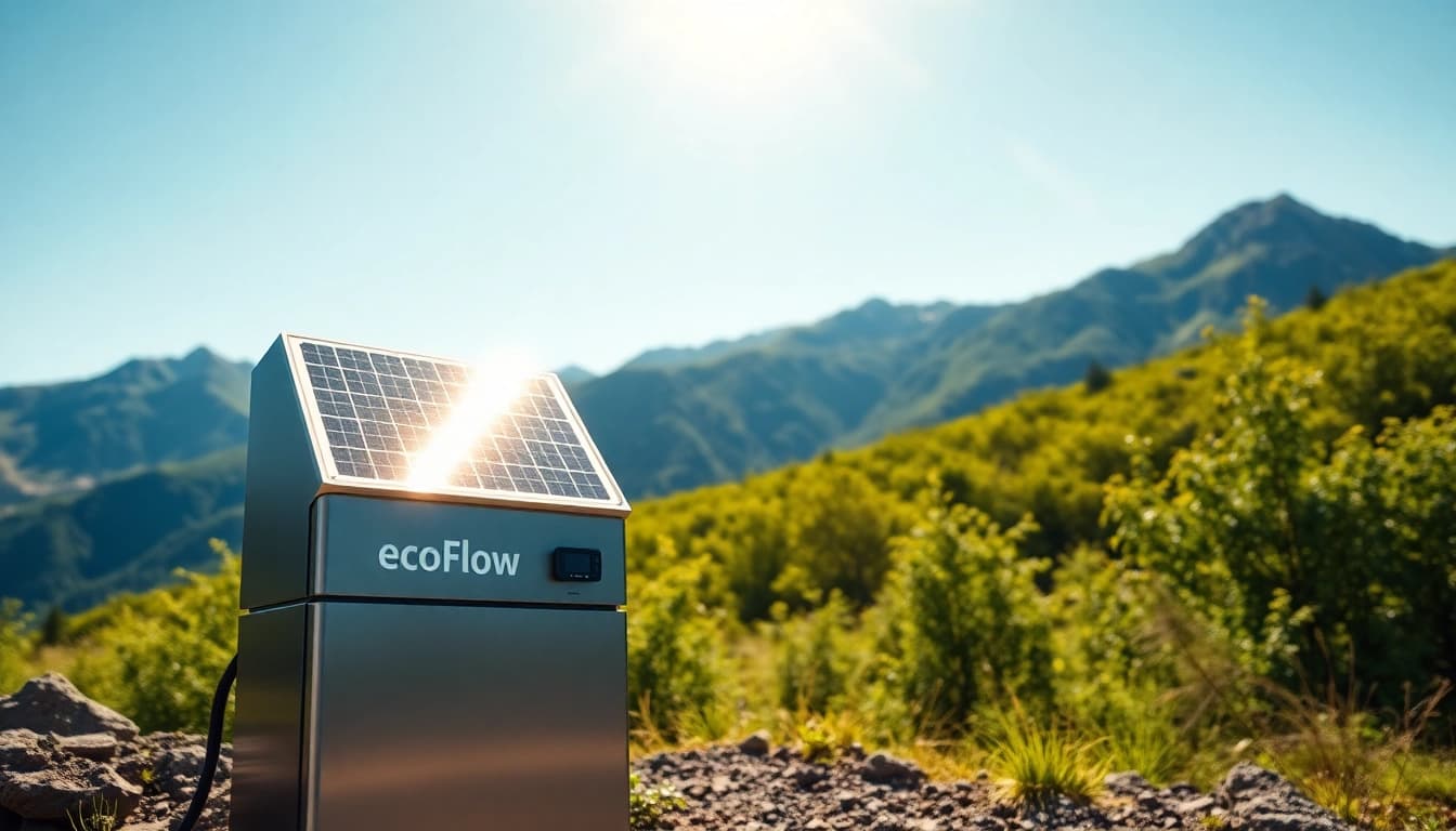 EcoFlow power station showcasing solar energy capabilities in a vibrant outdoor setting.