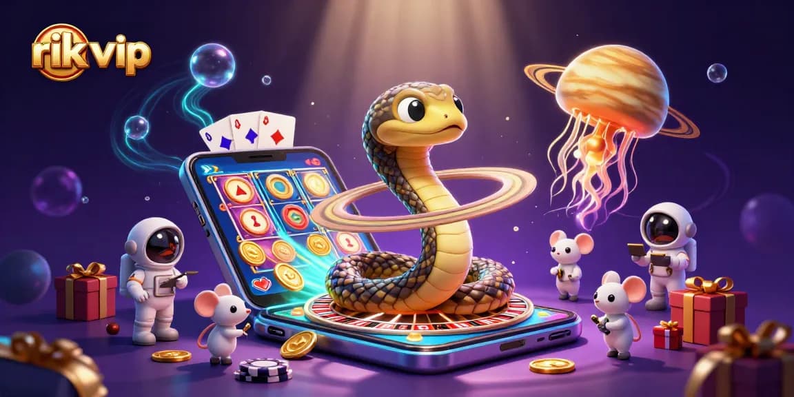 Experience the thrill at rik vip with a cosmic casino scene featuring vibrant game elements.