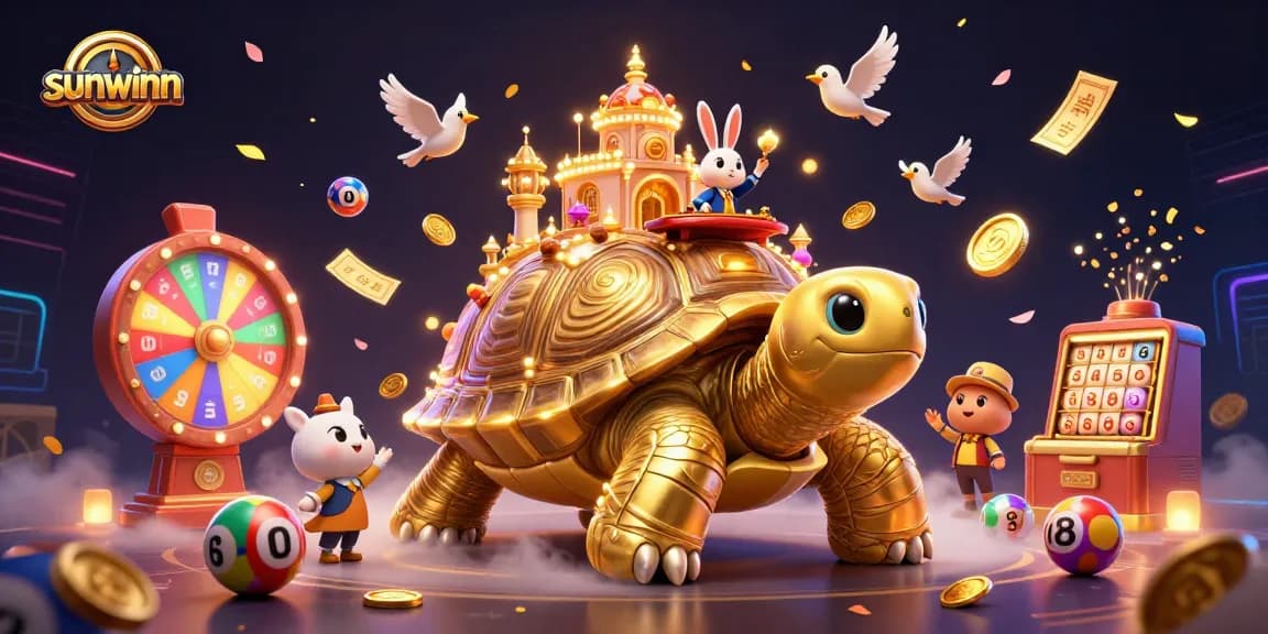 Experience vibrant games at sunwinn with stunning golden tortoise casino scene, lively prize elements!