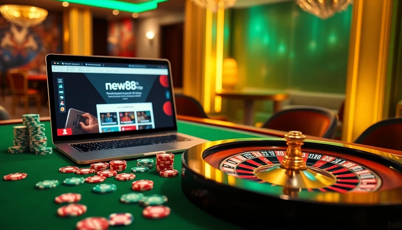 Join the exciting world of gaming at https://new88.help/ with a vibrant casino setting showcasing poker chips and roulette.
