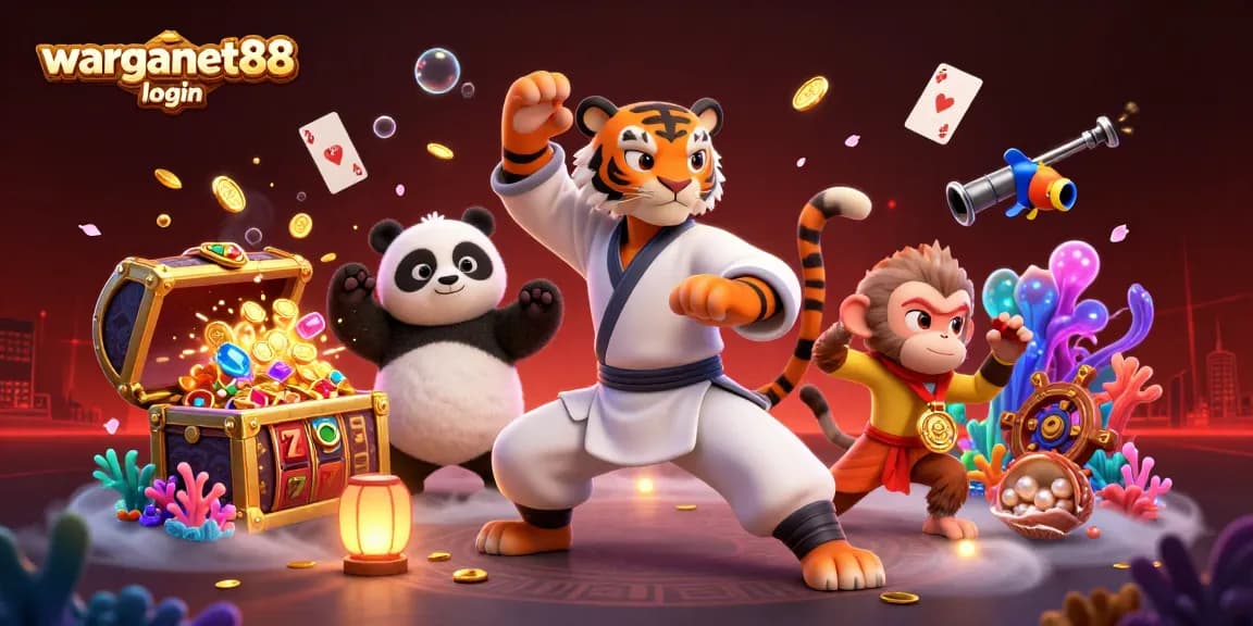 Engage with the dynamic warganet88 login environment featuring playful characters in an exciting casino scene.