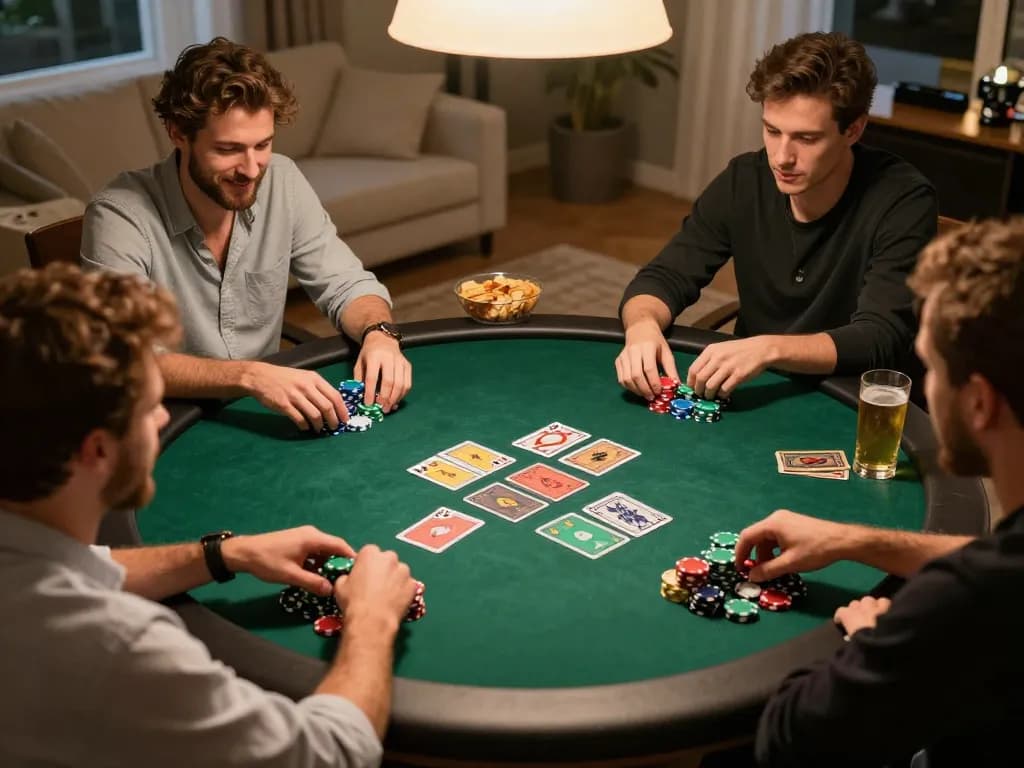 Engaged friends playing poker at home, showcasing the competitive spirit of u888 gaming.
