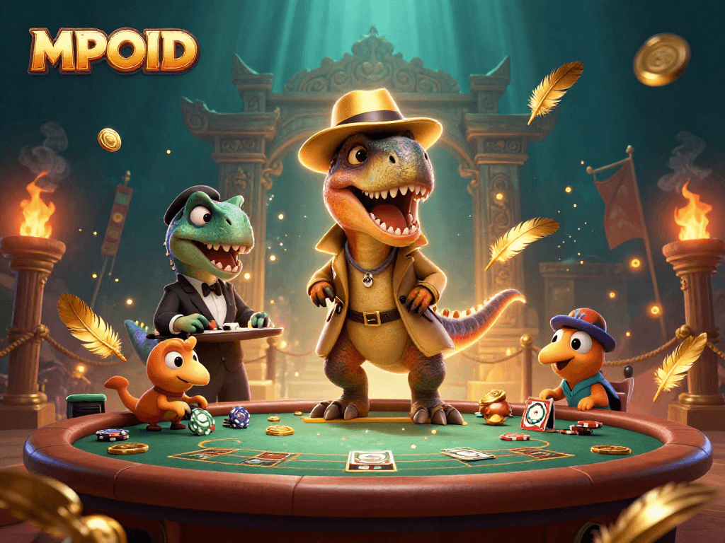 Engage in thrilling gameplay at MPOID, featuring a velociraptor card counter at a blackjack table.