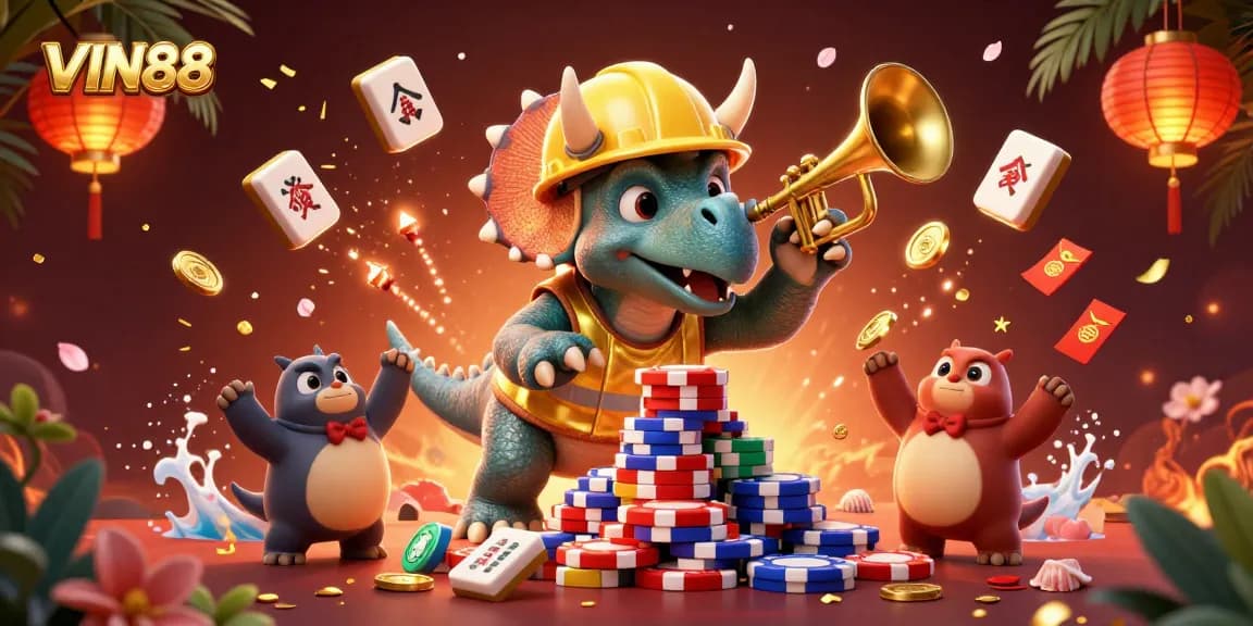 Experience fun gaming strategies with VIN88 in this vibrant casino-themed illustration.