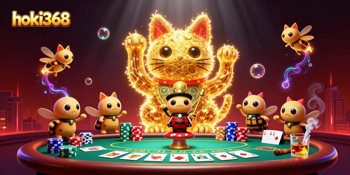 Experience the luck with hoki368, captured in a vibrant casino scene featuring a lucky cat and golden fireflies.