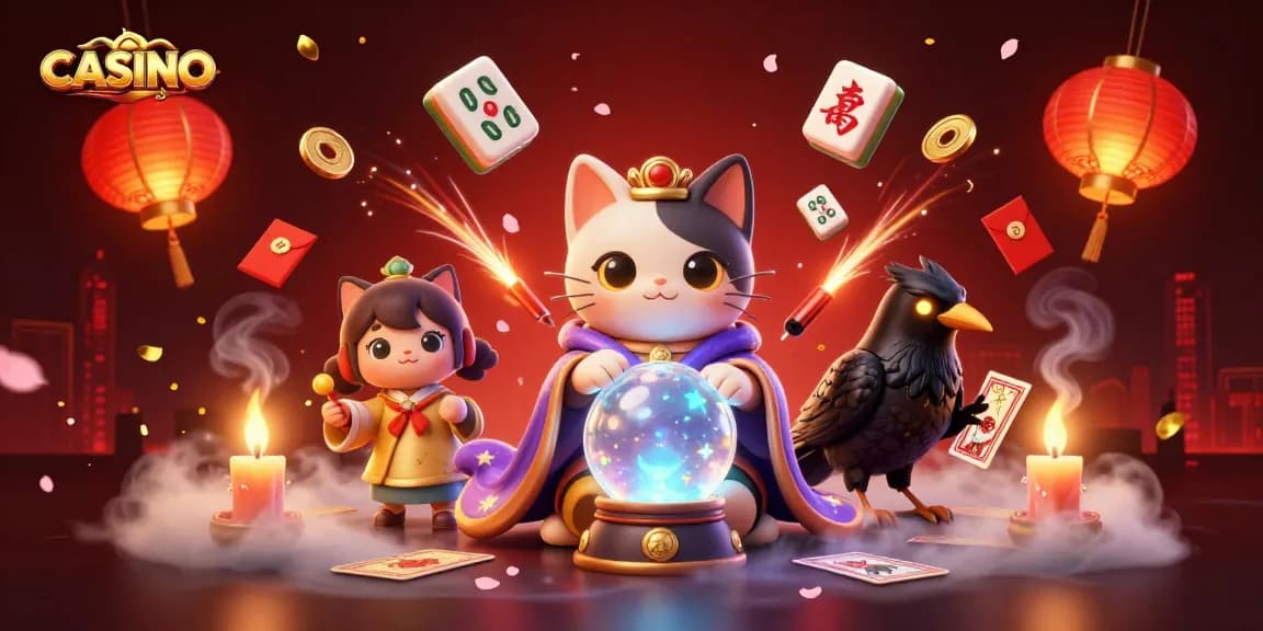 Engage in the vibrant casino atmosphere with mystical fortune teller and tarot raven illustration