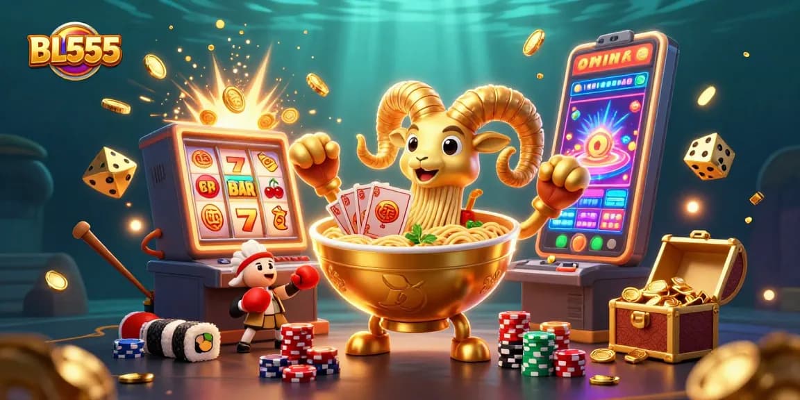 Experience the excitement of BL555 casino with golden ramen bowl characters amidst a jackpot explosion.