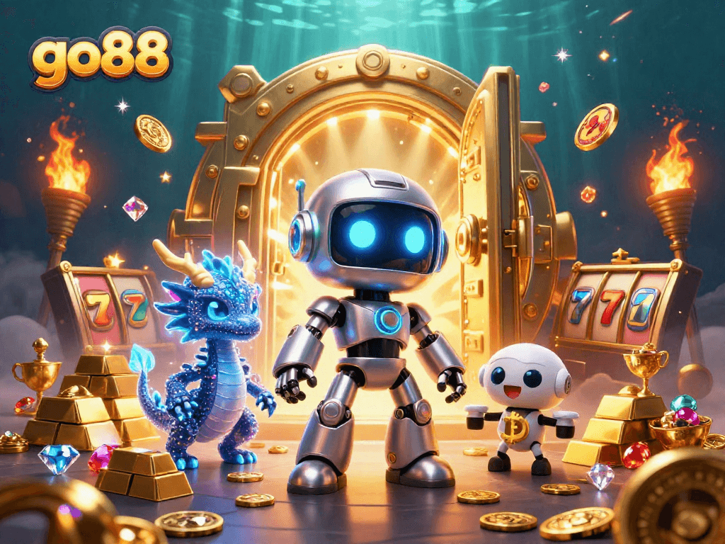 Experience the excitement of go88 with a vibrant 3D digital casino scene featuring thrilling slot elements and engaging characters.