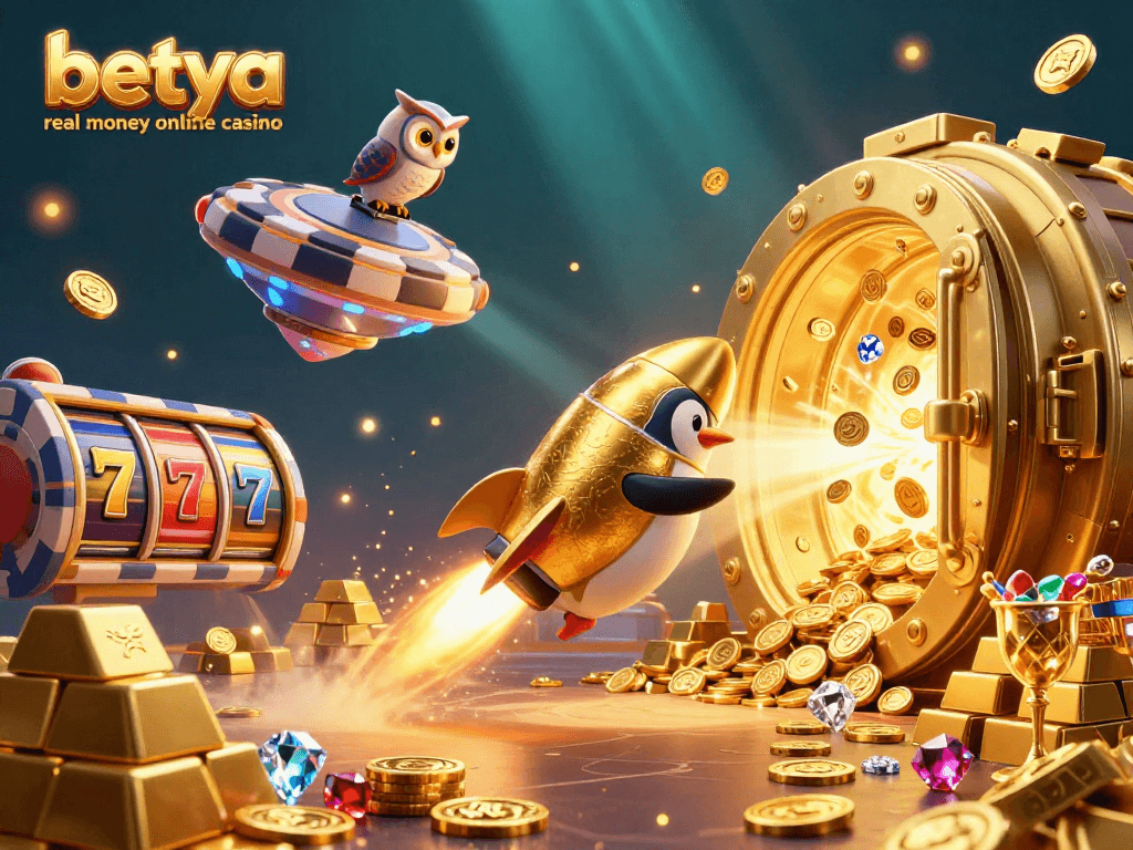 Experience the thrill of betya real money online casino with a 3D illustration featuring an adventurous penguin in space.