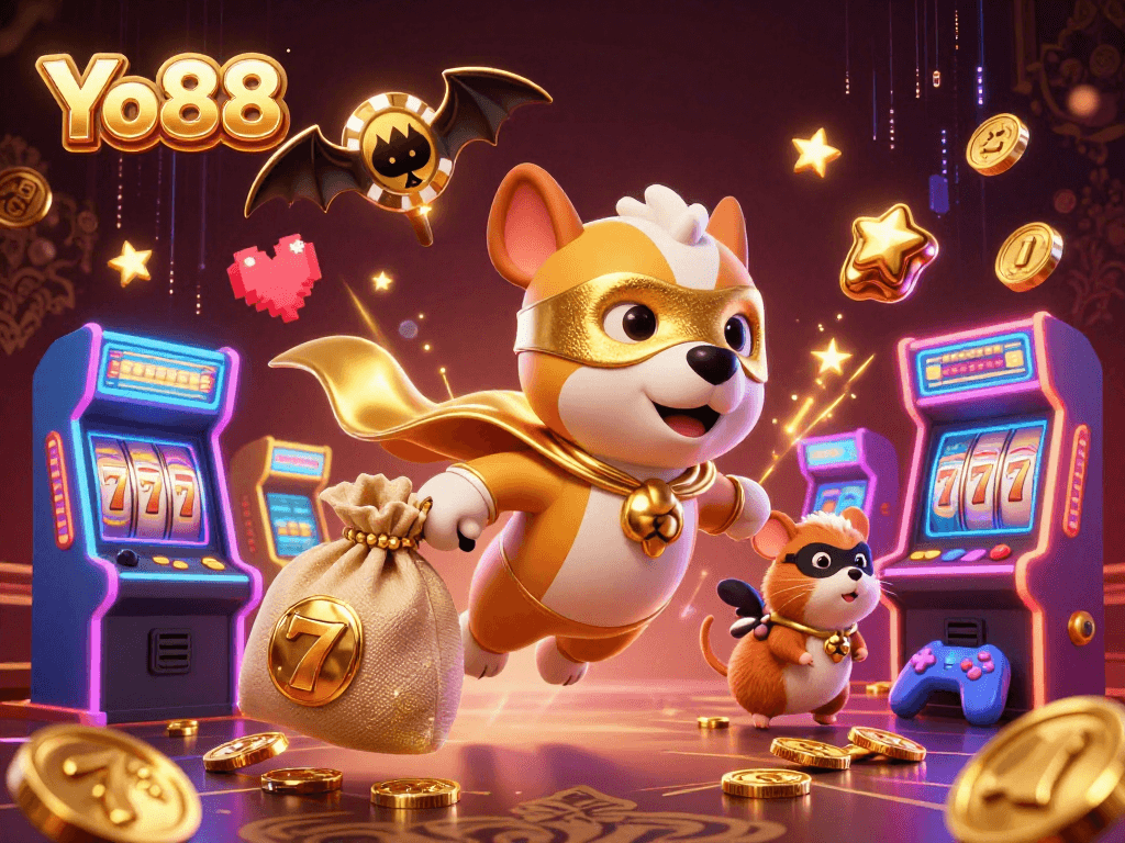 Join the fun with Yo88's superhero dog flying through a vibrant casino scene filled with luck and excitement!