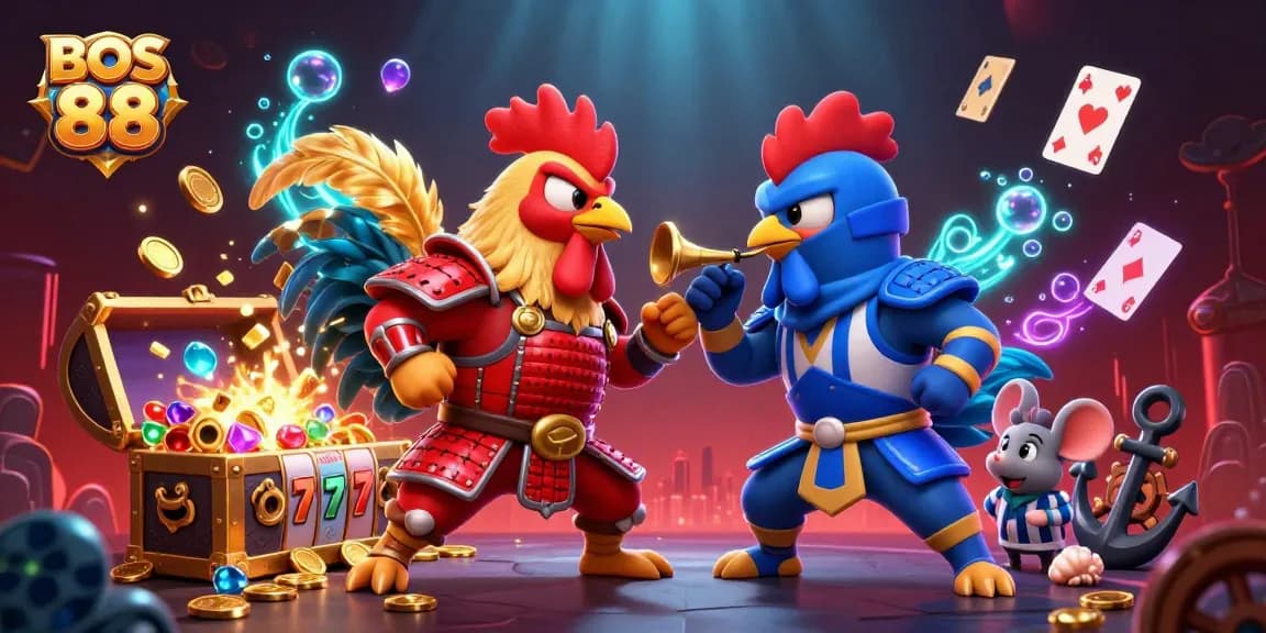 BOS 88 bertarung antara ayam dengan armor samurai dan ninja, dikelilingi elemen judi