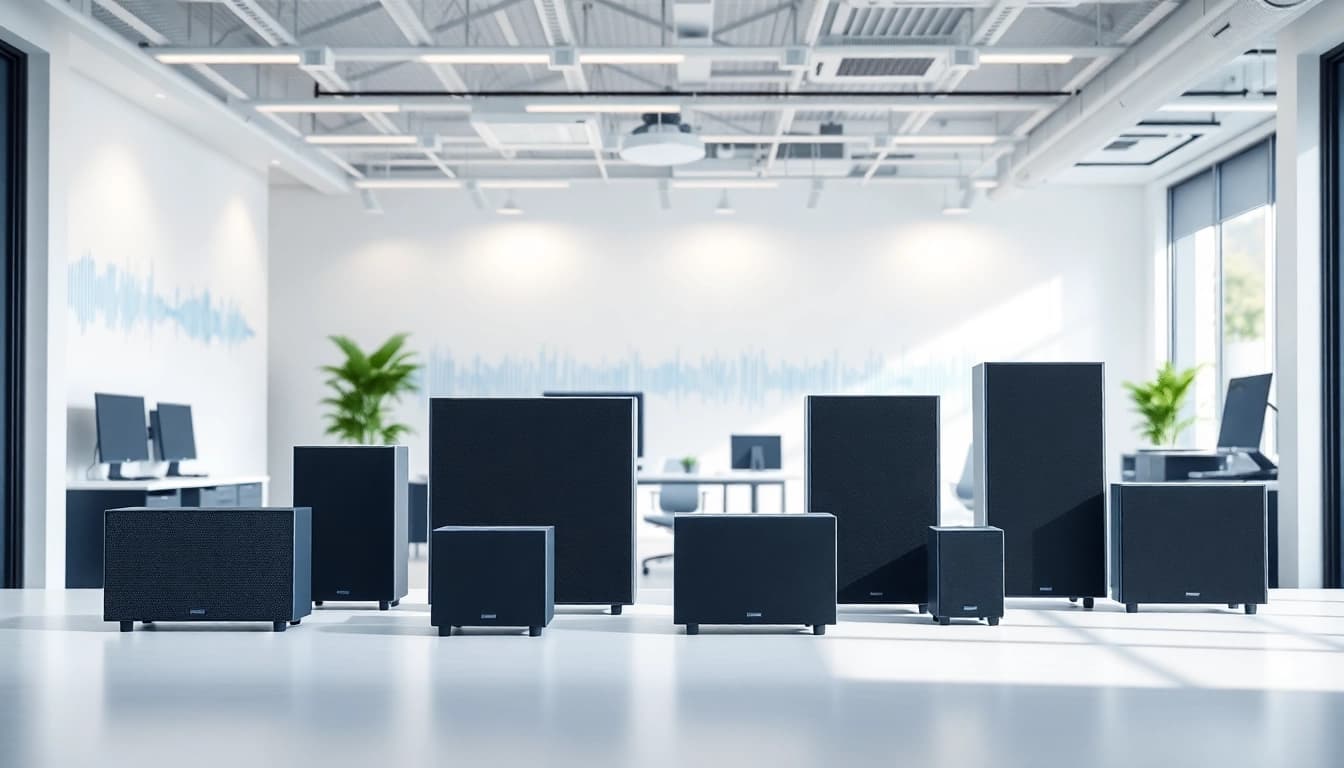 Showcasing Sound and Vibration Control Products in a modern office environment with sleek designs and natural light.